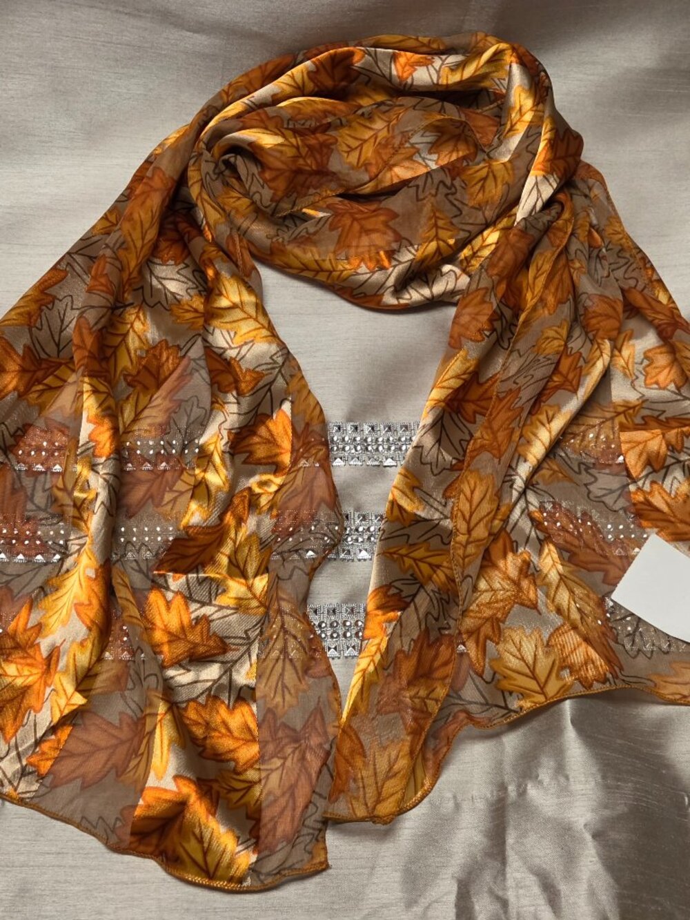 Fashion Scarf Autumn Leaves Design Shawl Vivid Multi Colors Silk Like Feel, NWT